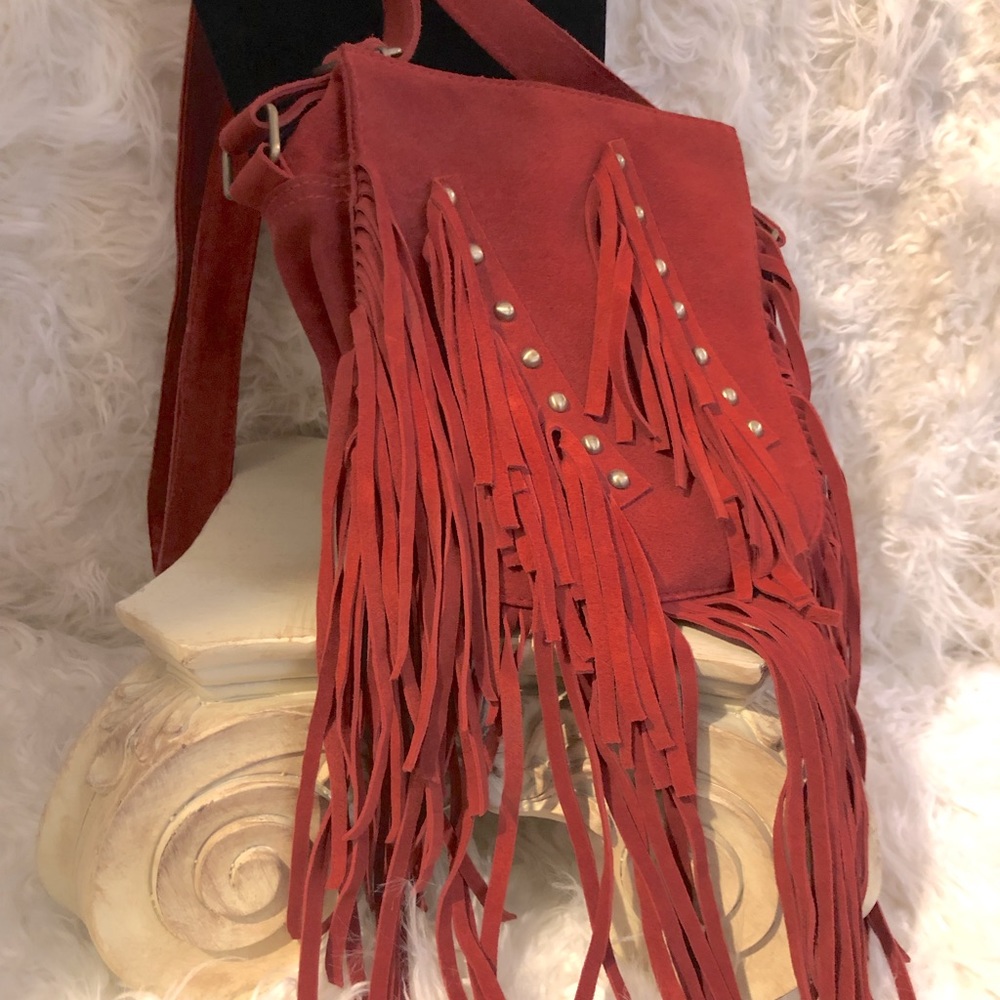 Sassy Jones Vintage cross body red suede handbag. Gold studs, buckles & zippers.